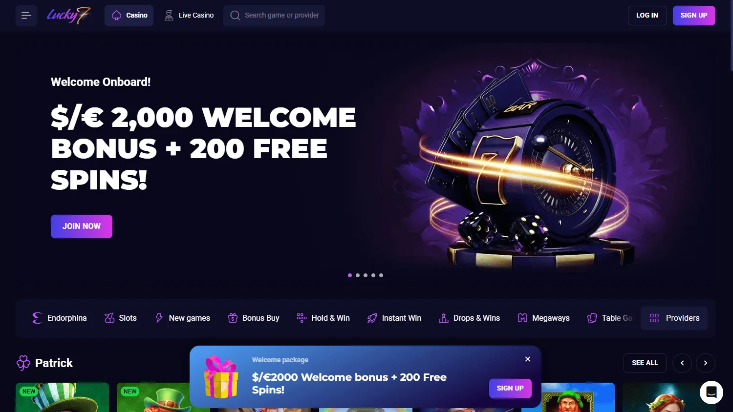 Lucky7even Casino desktop home screen for Australian players