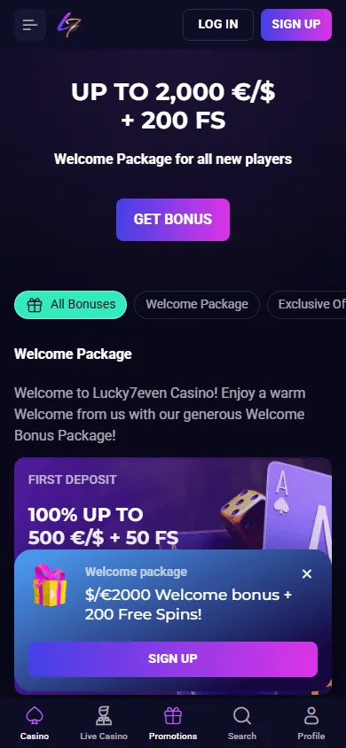 Lucky7even Casino mobile promotions area with bonus and free spin offers