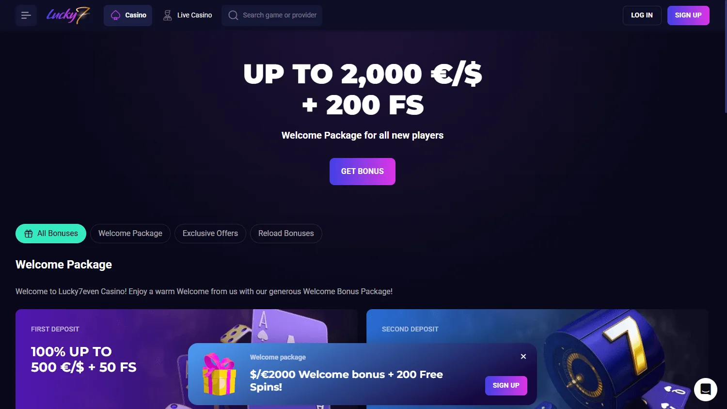Lucky7even Casino desktop promotions area with welcome and reload offers