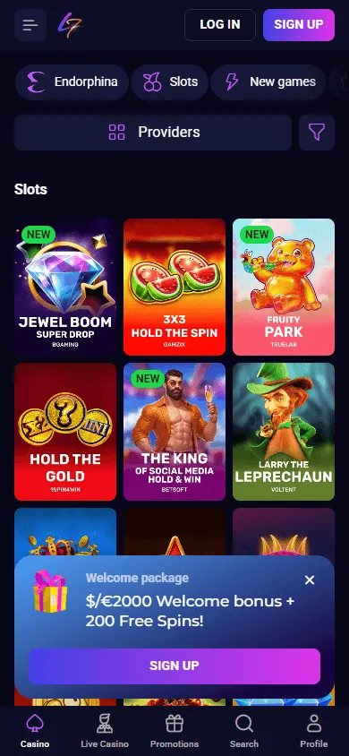 Lucky7even Casino mobile games area with pokies and live casino categories