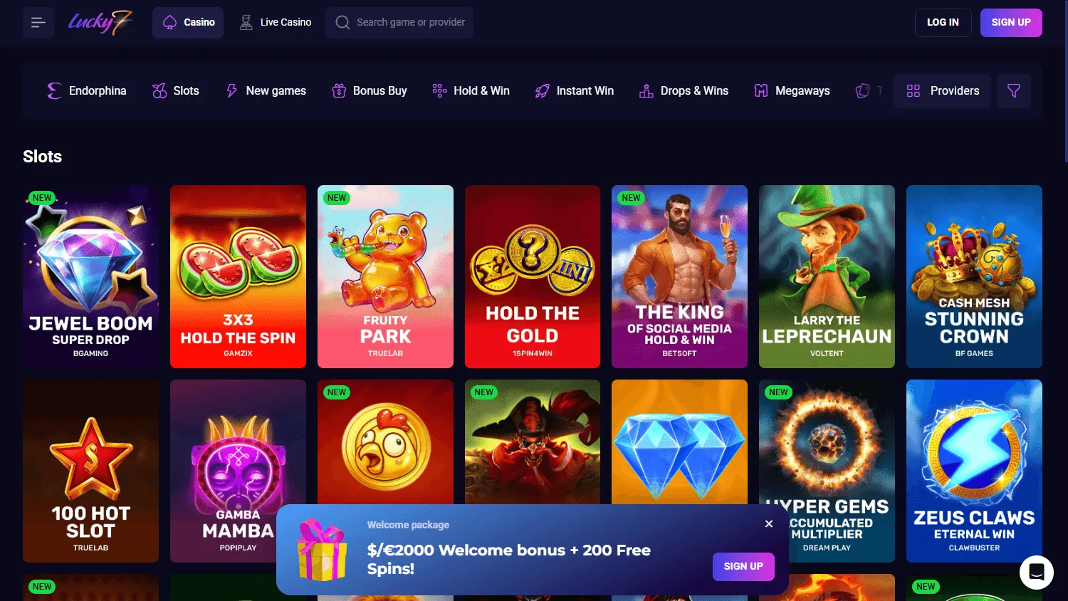 Lucky7even Casino desktop games area with casino categories and titles
