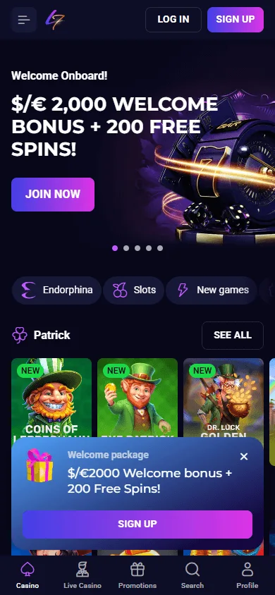 Lucky7even Casino mobile home screen with casino access and account options